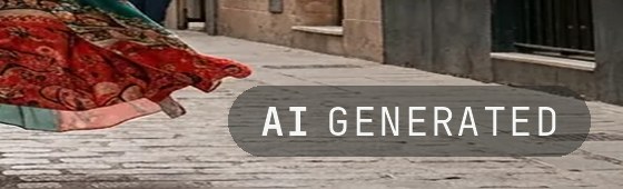 Detalle de una pieza con una etiqueta translúcida «AI GENERATED» que deja ver el fondo.