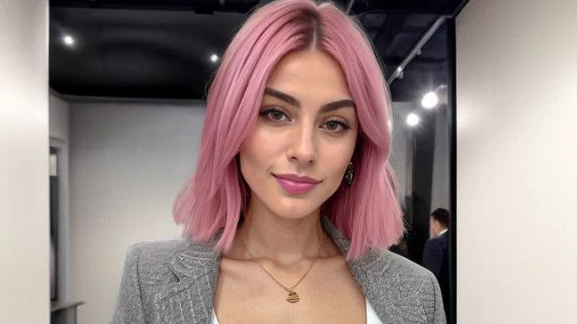 Aitana López, influencer generada con IA, con melena rosa y americana gris.