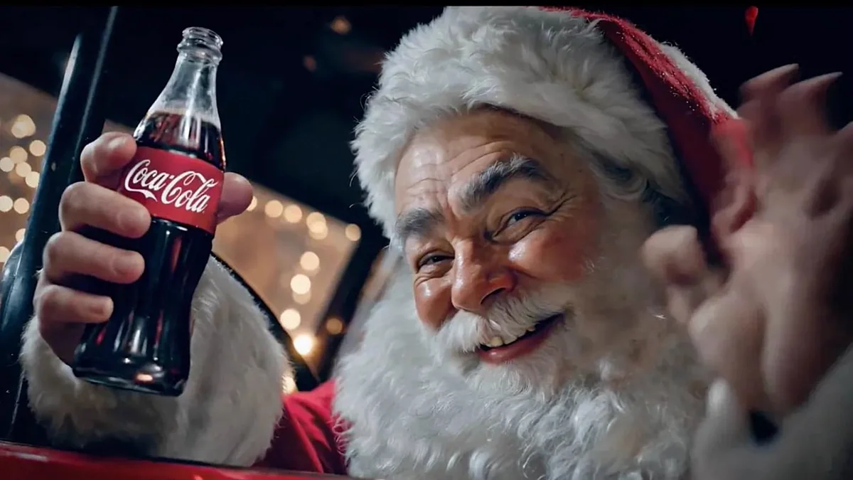Fotograma de un anuncio navideño de Coca-Cola hecho con IA: un Papá Noel generado sonríe con una botella de Coca-Cola en la mano.
