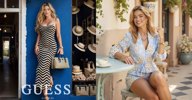 Las dos páginas del anuncio de Guess en Vogue, con una modelo generada por IA en dos looks distintos.