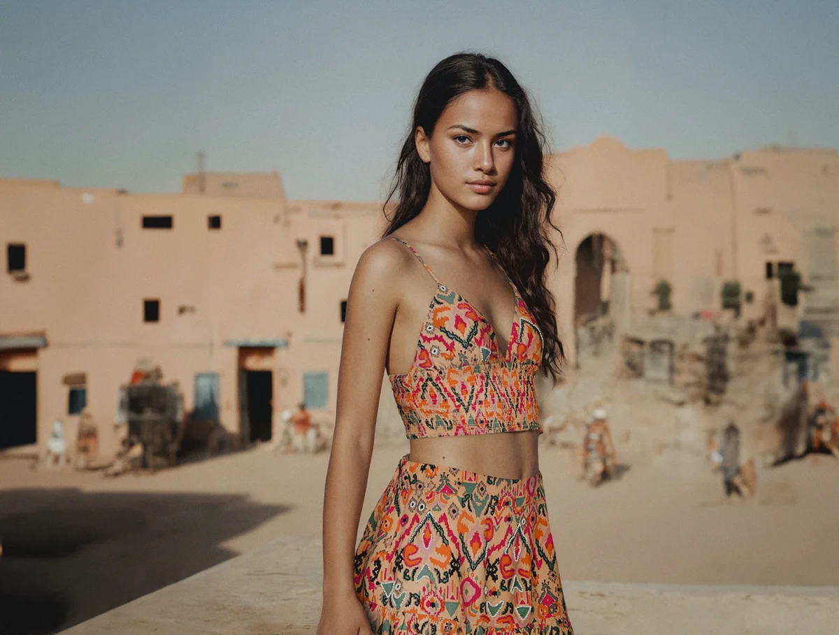 Imagen de la campaña Sunset Dream de Mango Teen, con una modelo generada por IA ante edificios de adobe.