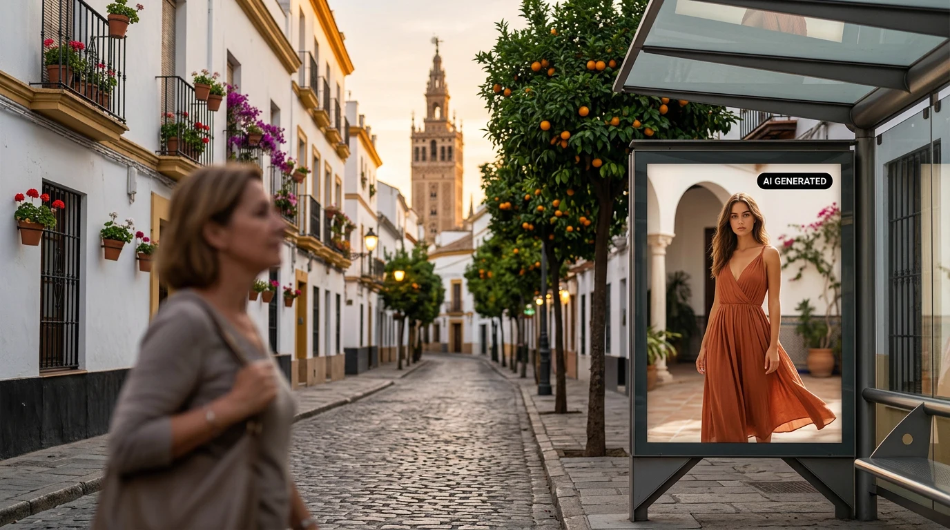 Imagen generada con IA y etiquetada: una mujer pasa por una calle de Sevilla junto a una marquesina con un anuncio de moda que lleva la etiqueta AI GENERATED; al fondo, la Giralda.