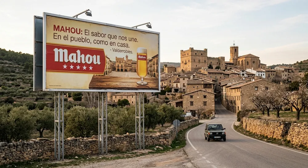 Imagen generada con IA y etiquetada: una valla publicitaria de cerveza a la entrada de un pueblo.