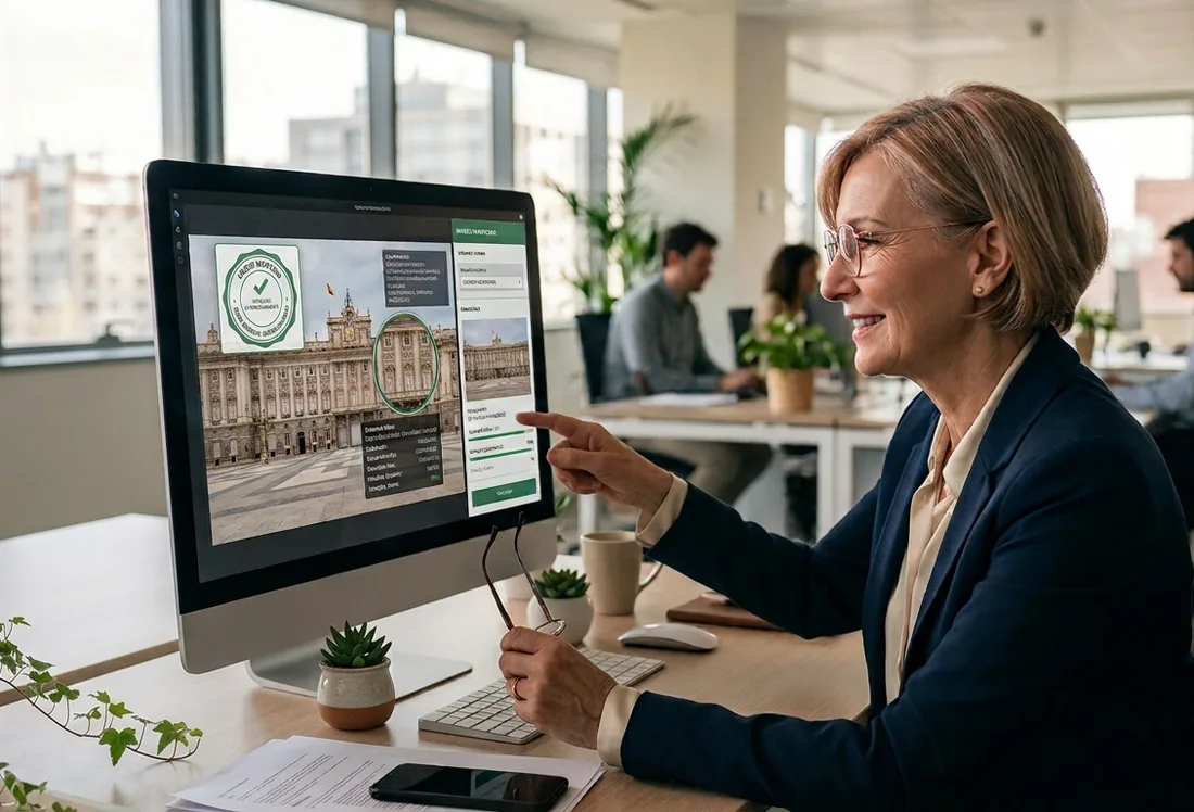 Imagen generada con IA y etiquetada: una mujer señala en su pantalla el resultado de verificar una fotografía, con un sello verde sobre la imagen.